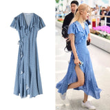 kpop Blackpink ROSE same Blue wave point V-neck irregular ruffle dress summer