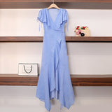 kpop Blackpink ROSE same Blue wave point V-neck irregular ruffle dress summer