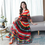 Spring and Summer New Silk Long Dress Women Multicolor Elastic Waist